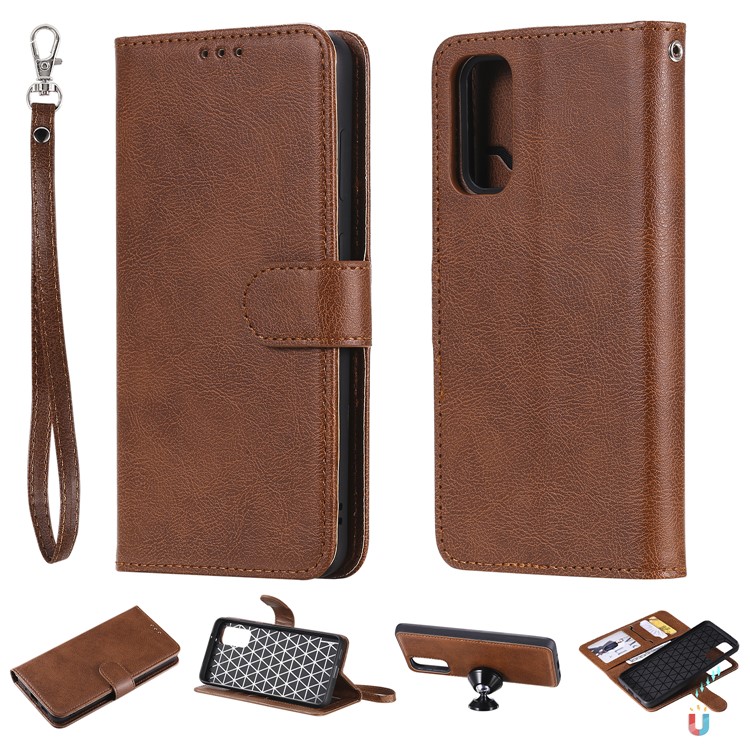 KT Leather Series-3 Case de Billetera de Cuero PU de 2 en 1 PU Para Samsung Galaxy S20 4G/S20 5G - Marrón