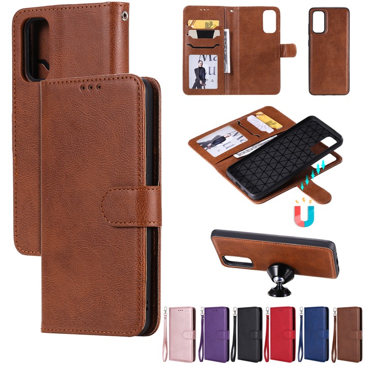 KT Leath Series-3 Étui de Portefeuille en Cuir 2 en 1 PU Pour Samsung Galaxy S20 4g / S20 5G - Brun