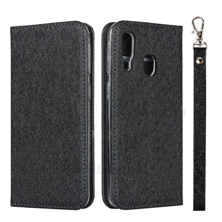 Silk Texture Wallet Stand Phone Case Cover for Samsung Galaxy A40 - Black-1
