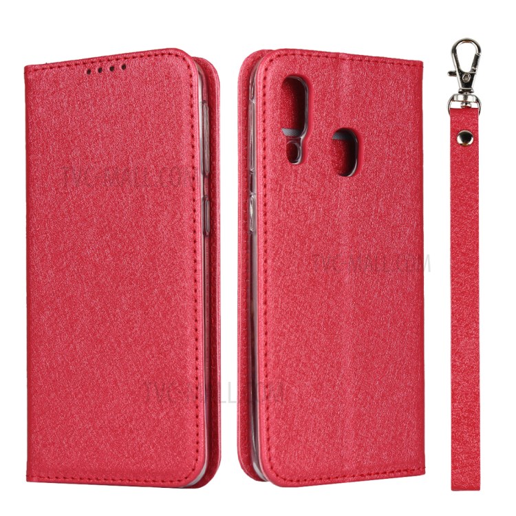 Silk Texture Wallet Stand Leather Phone Case Cover for Samsung Galaxy A40 - Red-1