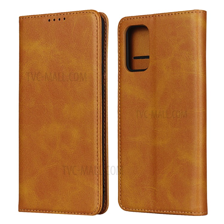 Auto-absorbed Leather Stand Phone Wallet Case for Samsung Galaxy S20 Plus - Brown