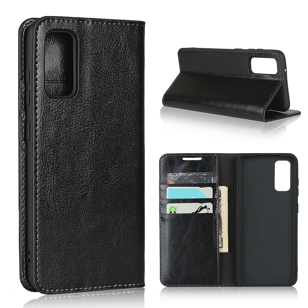 Crazy Horse Genuine Leather Stand Wallet Phone Case for Samsung Galaxy S20 - Black-1