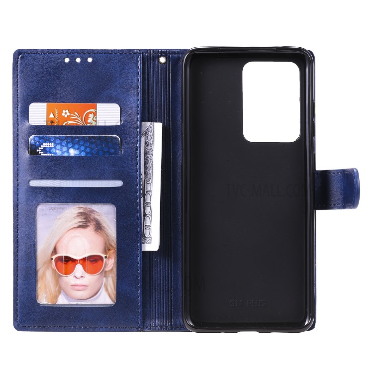 Rhombus Surface Wallet Stand Leather Shell with Strap for Samsung Galaxy S20 Ultra - Blue-7