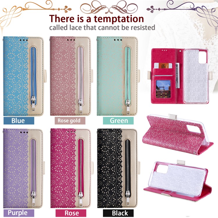 Lace Flower Pattern Zipper Pocket Leather Wallet Cell Phone Cover for Samsung Galaxy S20 Plus - Black-12