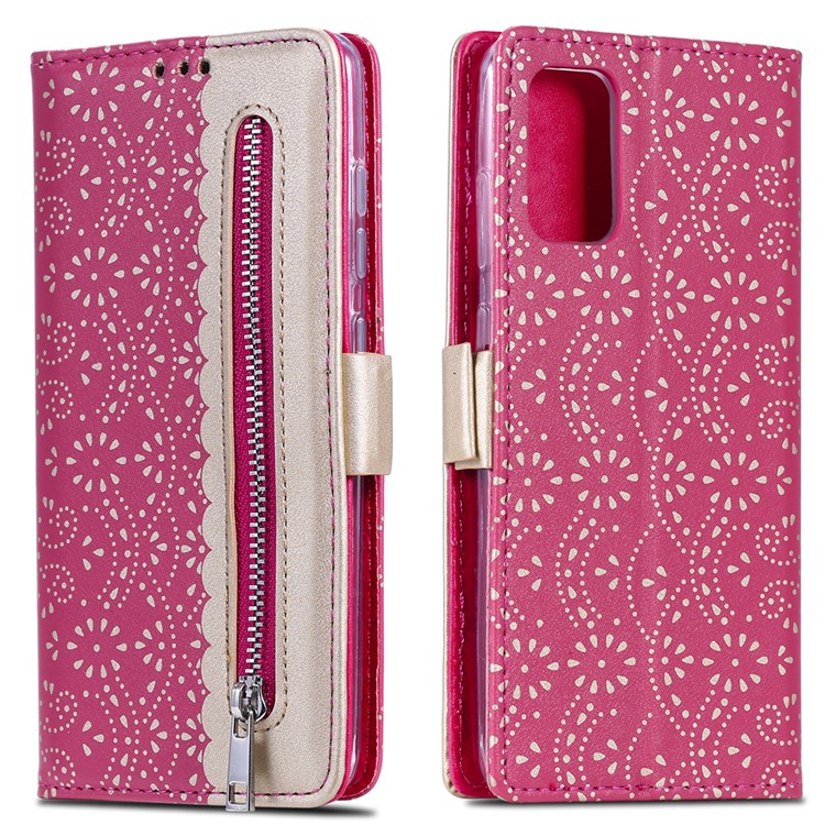 Lace Flower Pattern Zipper Pocket Leather Wallet Cell Phone Cover for Samsung Galaxy S20 Plus - Rose-1