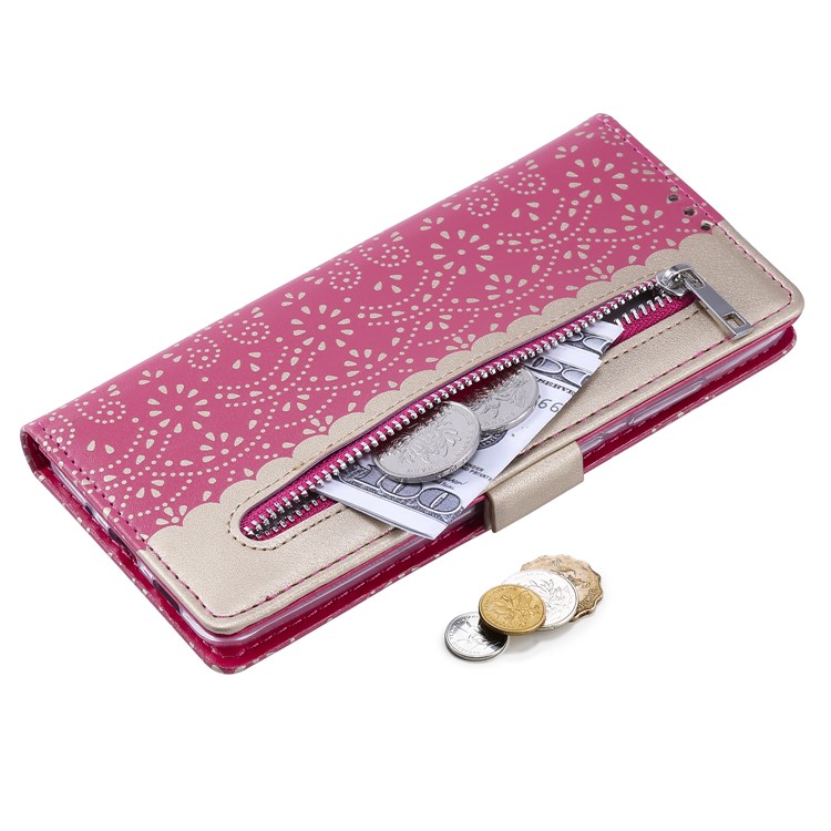 Lace Flower Pattern Zipper Pocket Leather Wallet Cell Phone Cover for Samsung Galaxy S20 Plus - Rose-10
