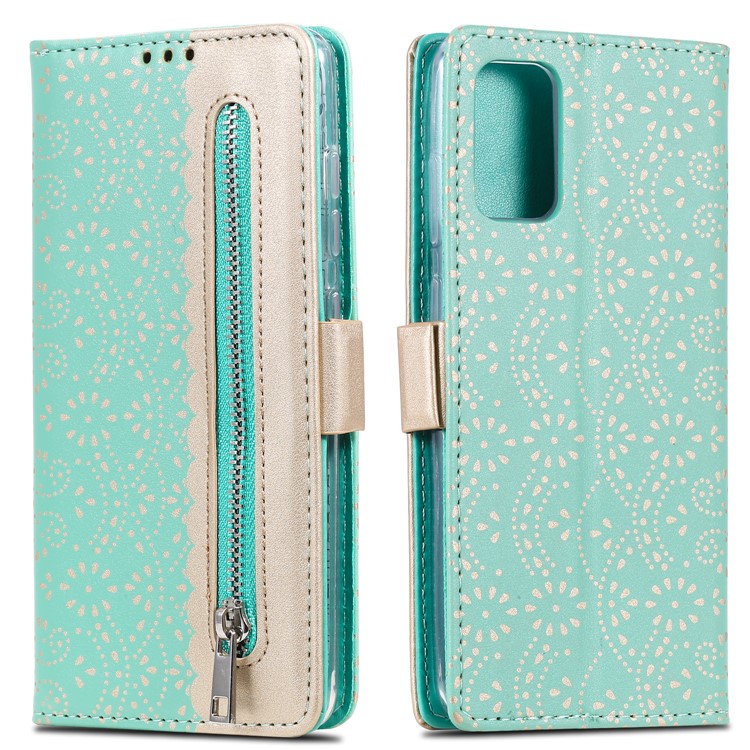 Lace Flower Pattern Zipper Pocket Leather Wallet Cell Phone Cover for Samsung Galaxy S20 Plus - Green-1