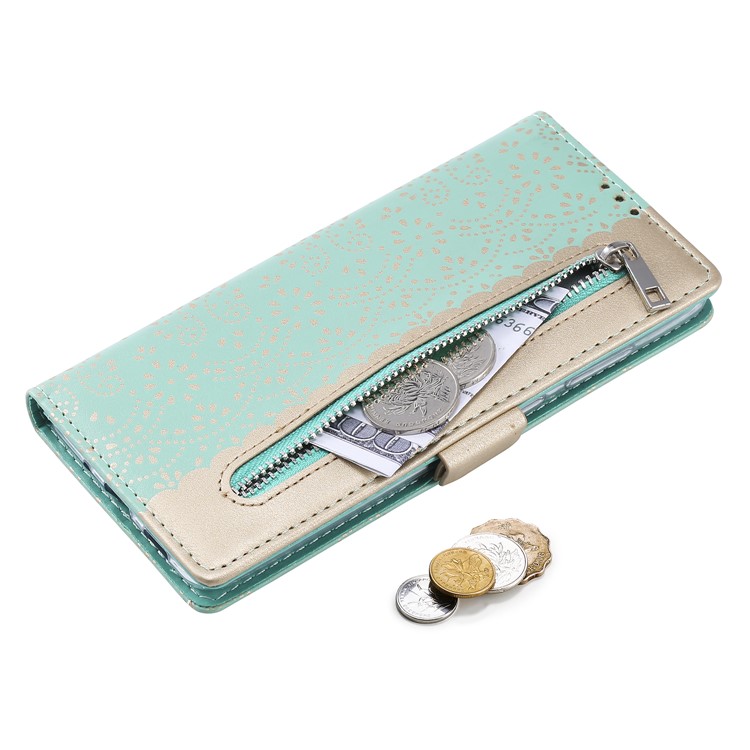 Lace Flower Pattern Zipper Pocket Leather Wallet Cell Phone Cover for Samsung Galaxy S20 Plus - Green-10