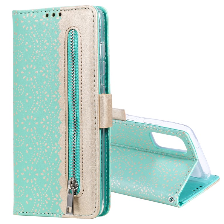 Lace Flower Pattern Zipper Pocket Leather Wallet Cell Phone Cover for Samsung Galaxy S20 Plus - Green-2