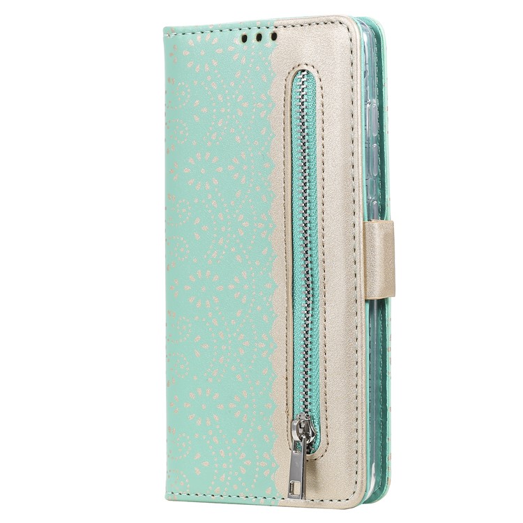 Lace Flower Pattern Zipper Pocket Leather Wallet Cell Phone Cover for Samsung Galaxy S20 Plus - Green-5