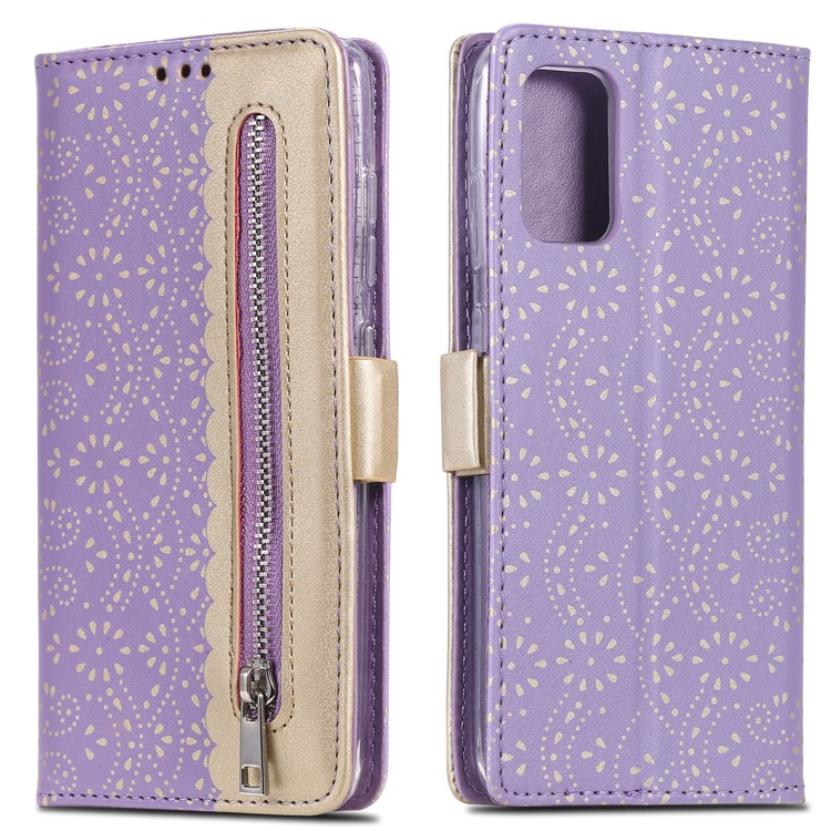 Lace Flower Pattern Zipper Pocket Leather Wallet Cell Phone Cover for Samsung Galaxy S20 Plus/S20 Plus 5G - Purple-1