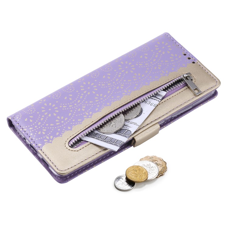 Lace Flower Pattern Zipper Pocket Leather Wallet Cell Phone Cover for Samsung Galaxy S20 Plus/S20 Plus 5G - Purple-10