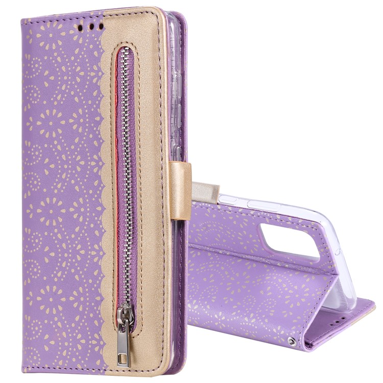 Lace Flower Pattern Zipper Pocket Leather Wallet Cell Phone Cover for Samsung Galaxy S20 Plus/S20 Plus 5G - Purple-2