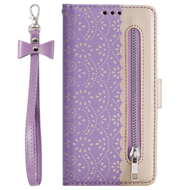 Lace Flower Pattern Zipper Pocket Leather Wallet Cell Phone Cover for Samsung Galaxy S20 Plus/S20 Plus 5G - Purple-3