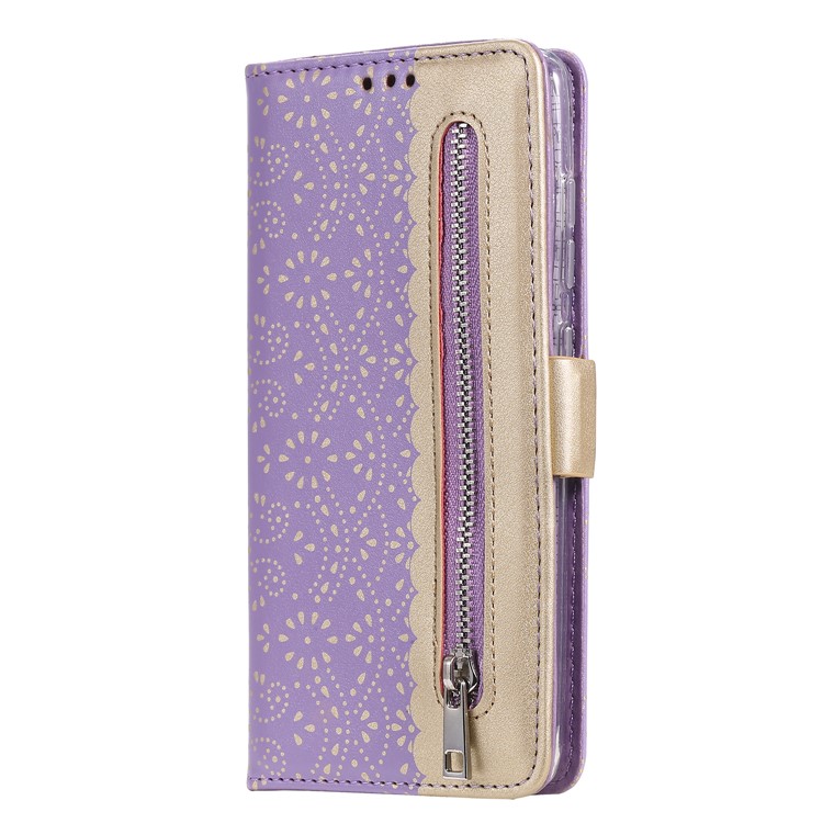 Lace Flower Pattern Zipper Pocket Leather Wallet Cell Phone Cover for Samsung Galaxy S20 Plus/S20 Plus 5G - Purple-5