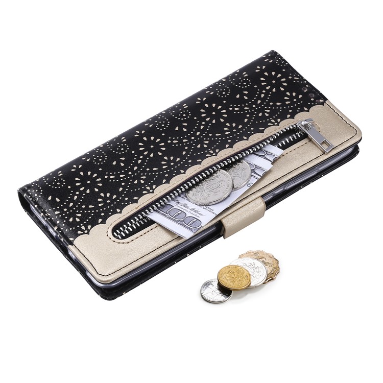 Lace Flower Style Zipper Pocket Leather Wallet Casing for Samsung Galaxy S20 - Black-10