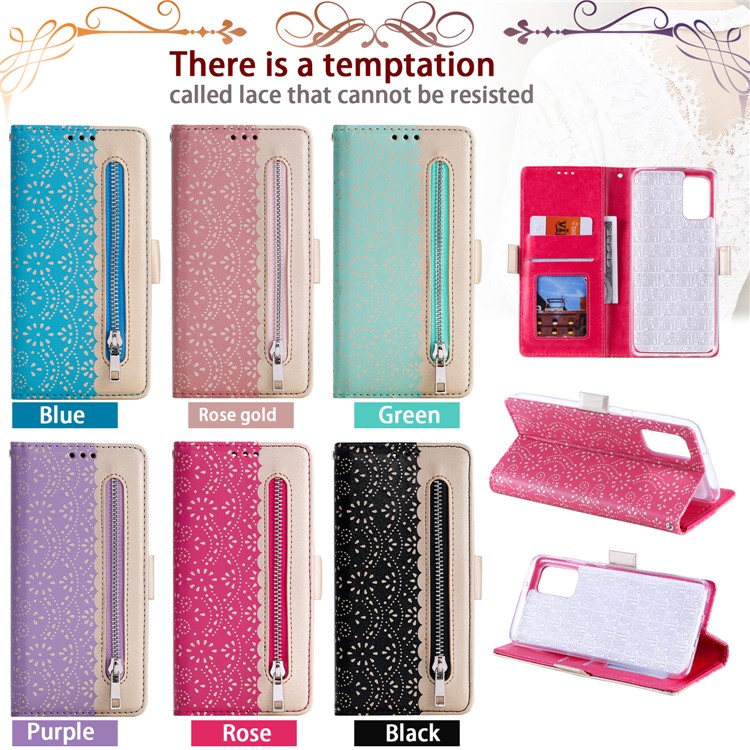 Lace Flower Style Zipper Pocket Leather Wallet Casing for Samsung Galaxy S20 4G/S20 5G - Black-12