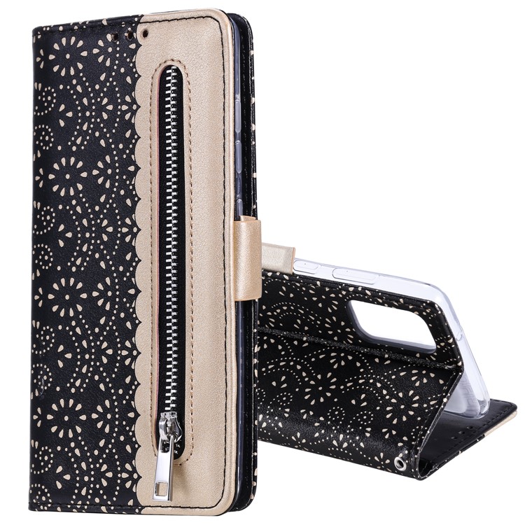 Lace Flower Style Zipper Pocket Leather Wallet Casing for Samsung Galaxy S20 4G/S20 5G - Black-2