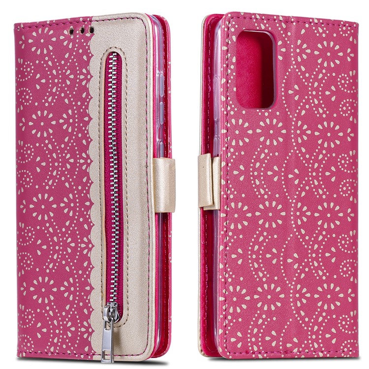 Lace Flower Style Zipper Pocket Leather Wallet Casing for Samsung Galaxy S20 - Rose-1