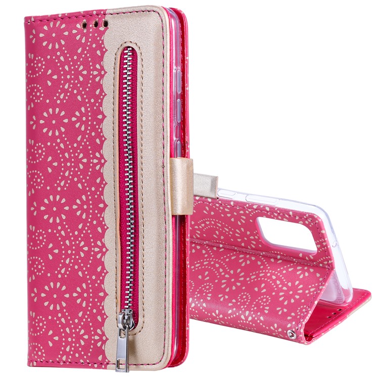 Lace Flower Style Zipper Pocket Leather Wallet Casing for Samsung Galaxy S20 - Rose-2
