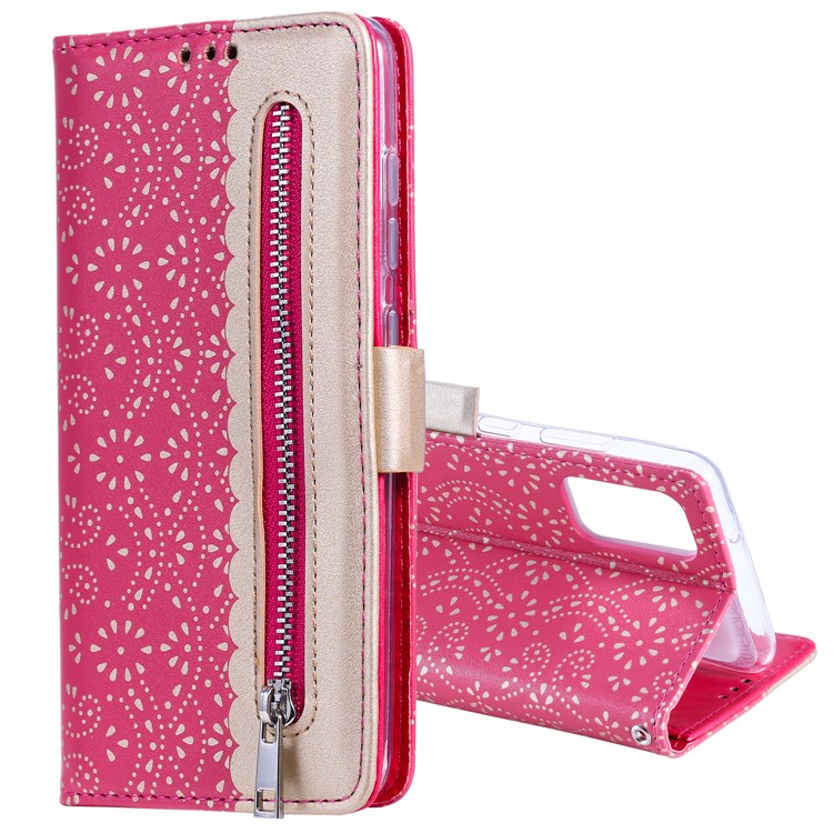 Carcasa de Billetera de Cuero de Bolsillo de Estilo de Flores de Encaje Para Samsung Galaxy S20 4G/S20 5G - Rosa-2