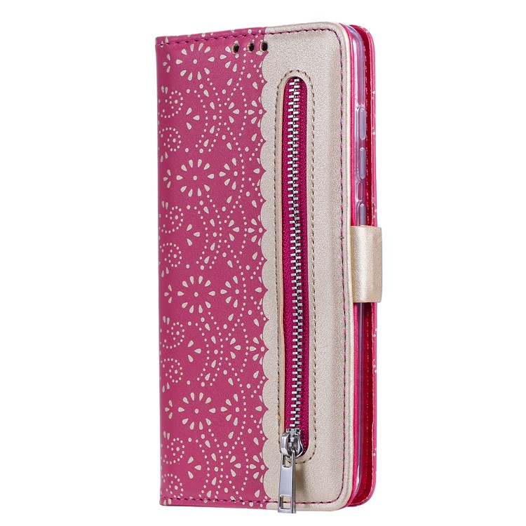 Lace Flower Style Zipper Pocket Leather Wallet Casing for Samsung Galaxy S20 - Rose-5