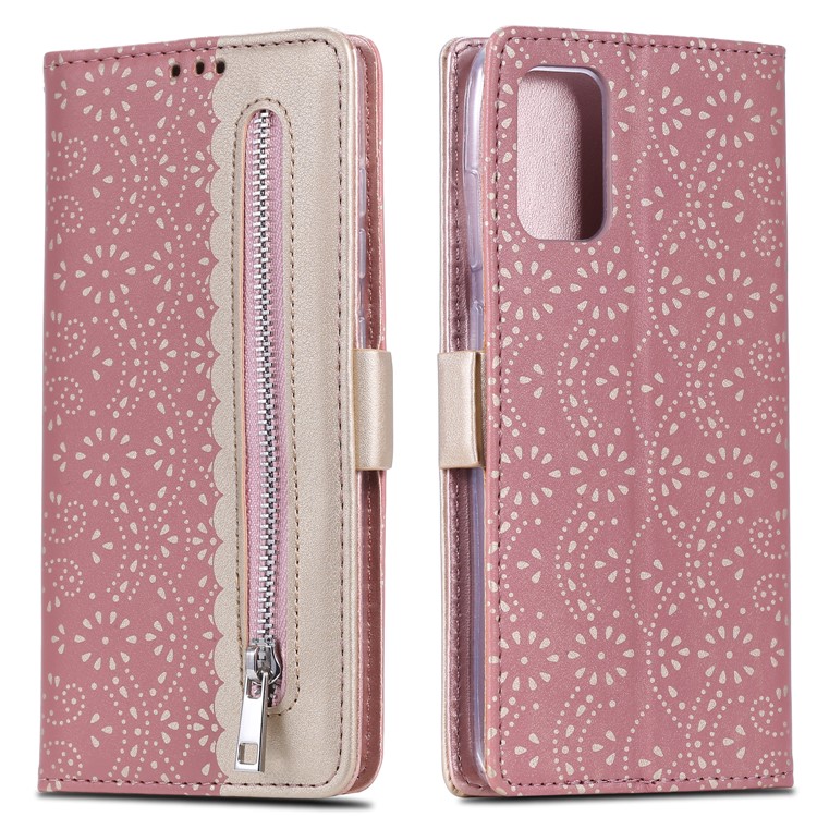 Lace Flower Style Zipper Pocket Leather Wallet Casing for Samsung Galaxy S20 - Pink-1