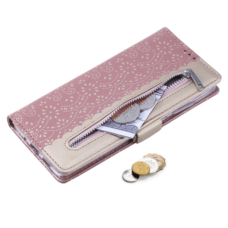 Lace Flower Style Zipper Pocket Leather Wallet Casing for Samsung Galaxy S20 - Pink-10