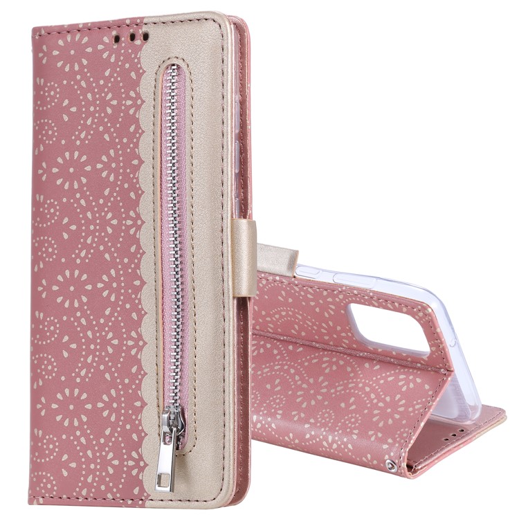 Lace Flower Style Zipper Pocket Leather Wallet Casing for Samsung Galaxy S20 - Pink-2