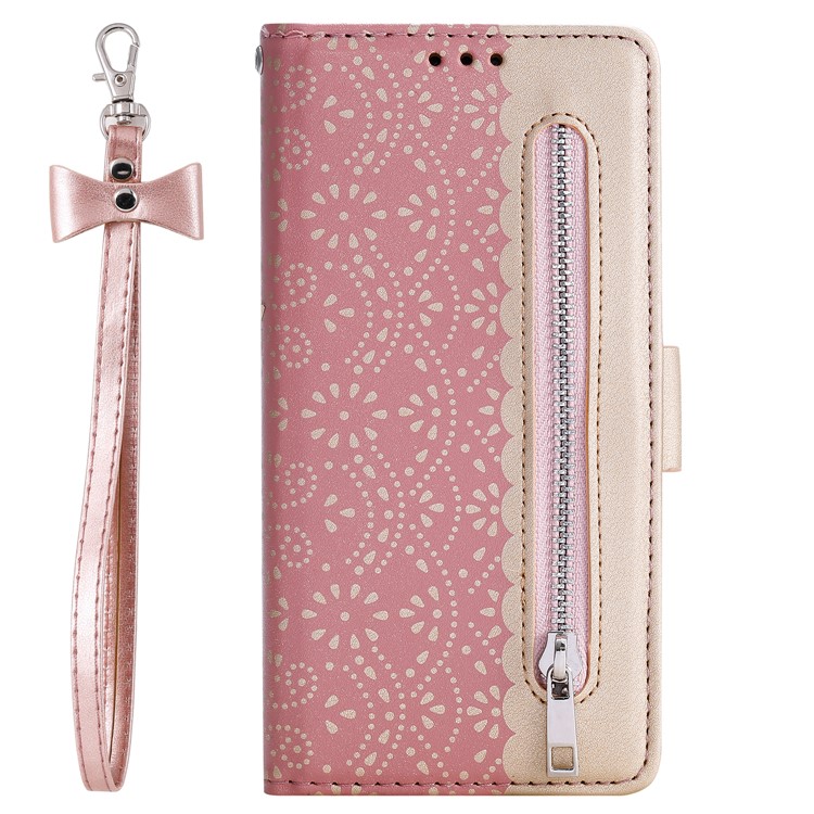 Lace Flower Style Zipper Pocket Leather Wallet Casing for Samsung Galaxy S20 - Pink-3