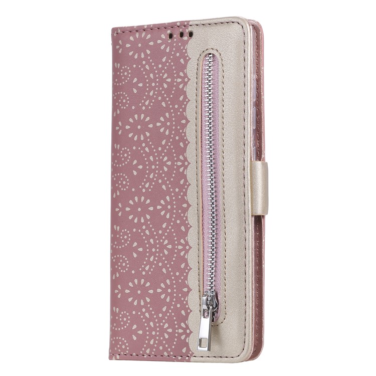 Lace Flower Style Zipper Pocket Leather Wallet Casing for Samsung Galaxy S20 - Pink-5