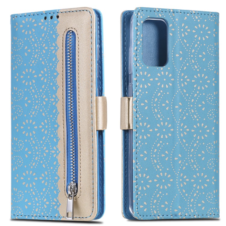Lace Flower Style Zipper Pocket Leather Wallet Casing for Samsung Galaxy S20 - Blue-1