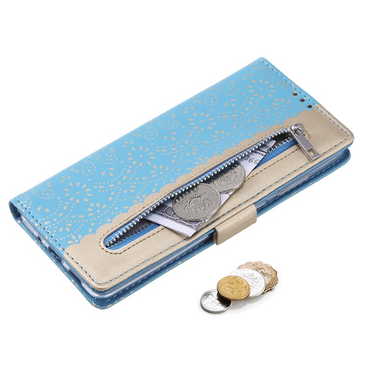 Lace Flower Style Zipper Pocket Leather Wallet Casing for Samsung Galaxy S20 - Blue-10
