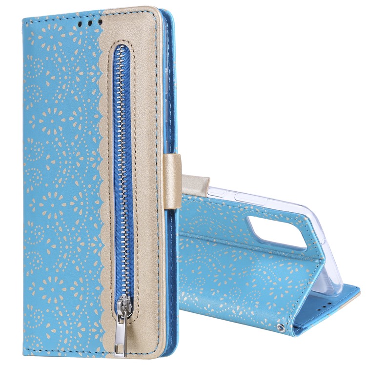 Lace Flower Style Zipper Pocket Leather Wallet Casing for Samsung Galaxy S20 - Blue-2