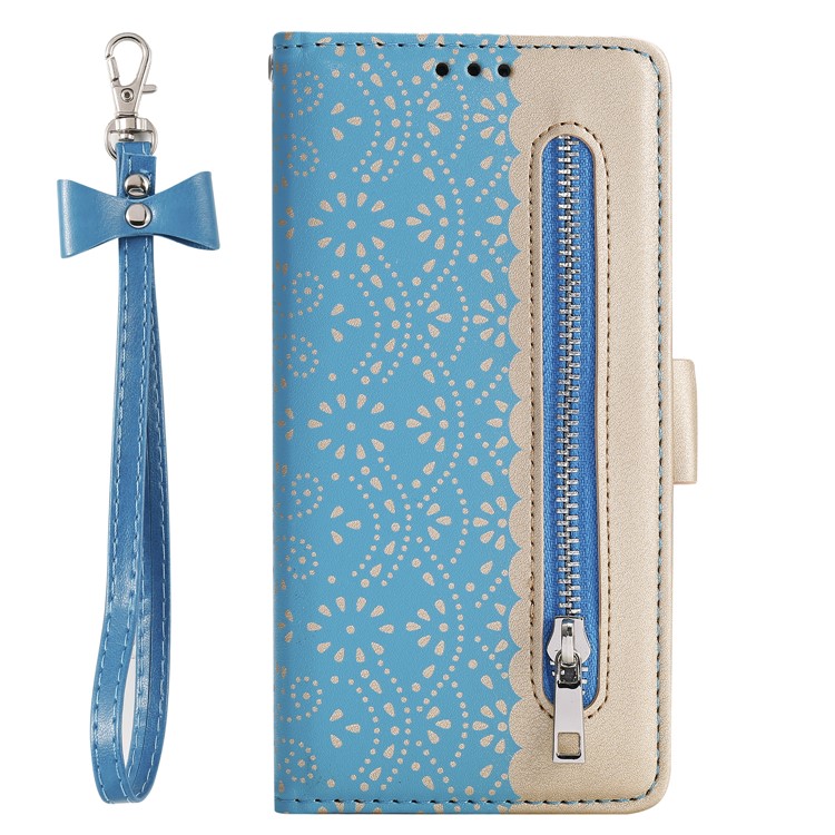 Lace Flower Style Zipper Pocket Leather Wallet Casing for Samsung Galaxy S20 - Blue-3