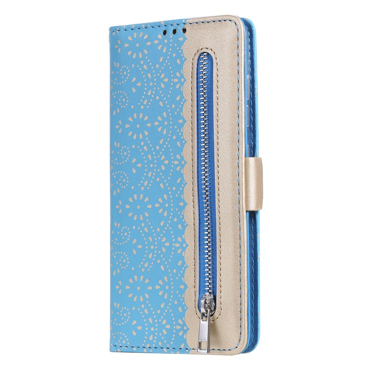 Lace Flower Style Zipper Pocket Leather Wallet Casing for Samsung Galaxy S20 - Blue-5