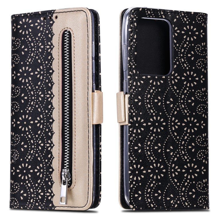 Lace Flower Pattern Zipper Pocket Leather Wallet Phone Cover for Samsung Galaxy S20 Ultra - Black-1