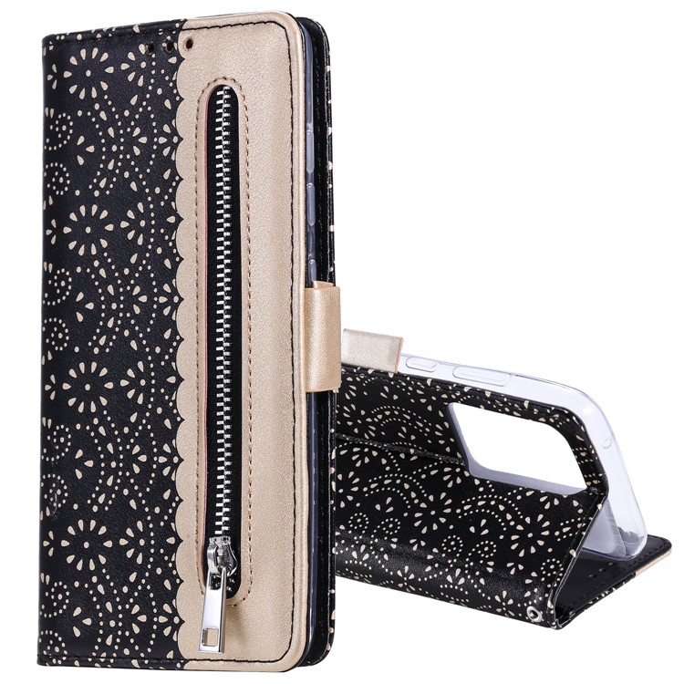 Lace Flower Pattern Zipper Pocket Leather Wallet Phone Cover for Samsung Galaxy S20 Ultra - Black-2
