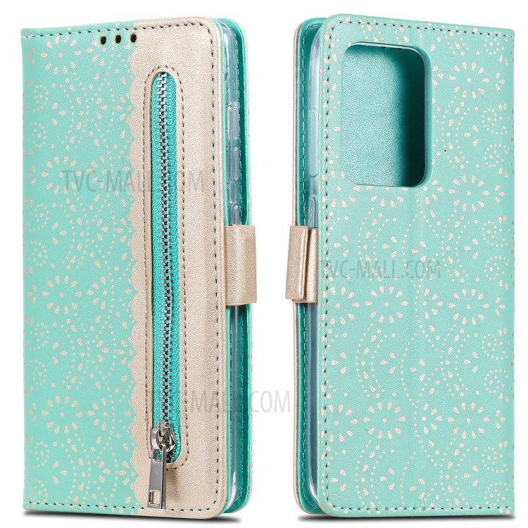 Lace Flower Pattern Zipper Pocket Leather Wallet Phone Cover for Samsung Galaxy S20 Ultra - Cyan-1