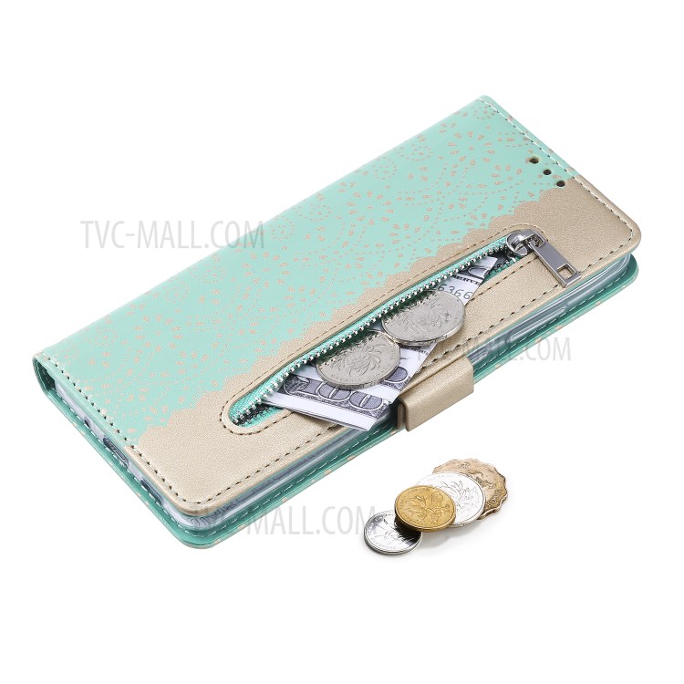 Lace Flower Pattern Zipper Pocket Leather Wallet Phone Cover for Samsung Galaxy S20 Ultra - Cyan-10
