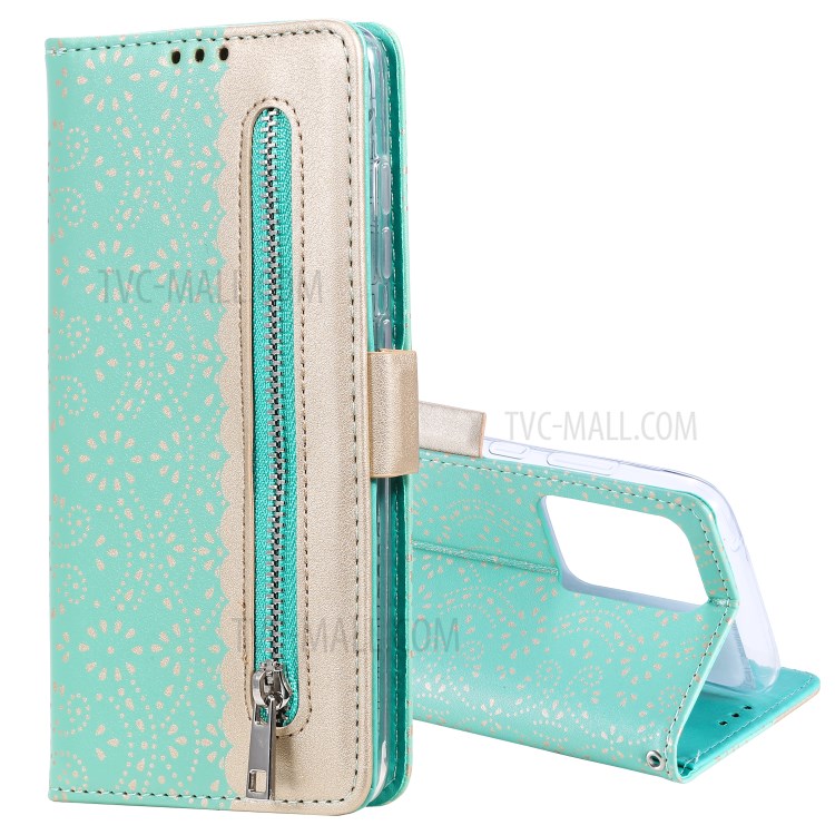 Lace Flower Pattern Zipper Pocket Leather Wallet Phone Cover for Samsung Galaxy S20 Ultra - Cyan-2