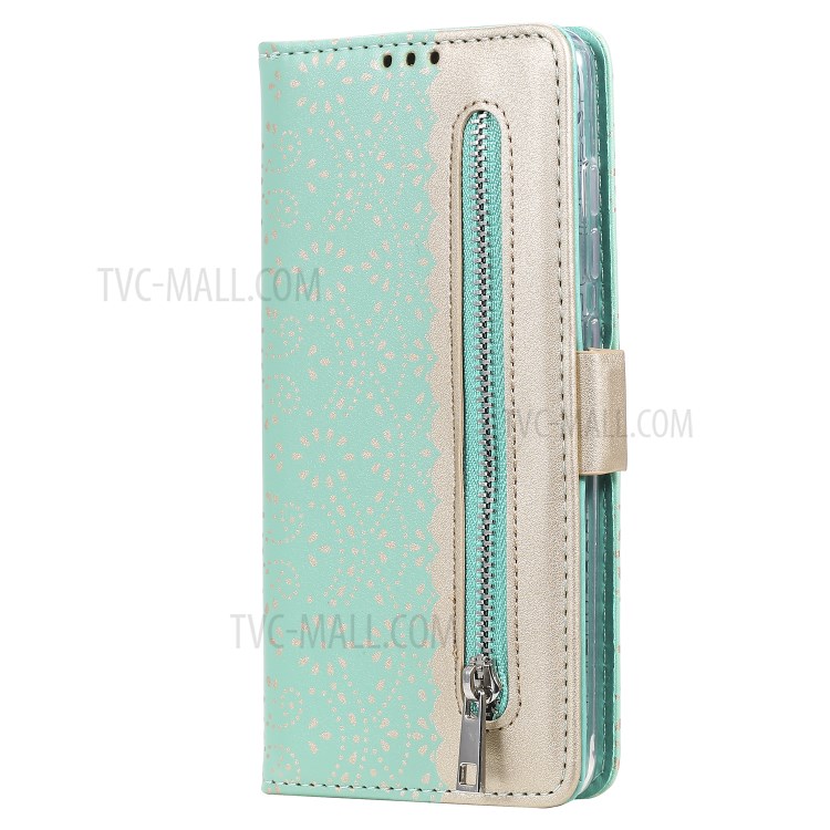 Lace Flower Pattern Zipper Pocket Leather Wallet Phone Cover for Samsung Galaxy S20 Ultra - Cyan-5