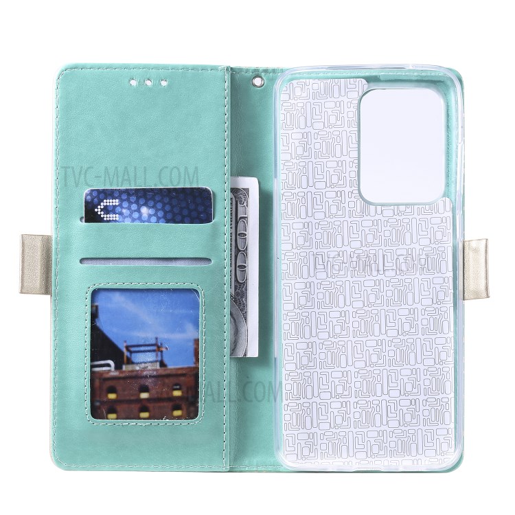 Lace Flower Pattern Zipper Pocket Leather Wallet Phone Cover for Samsung Galaxy S20 Ultra - Cyan-7