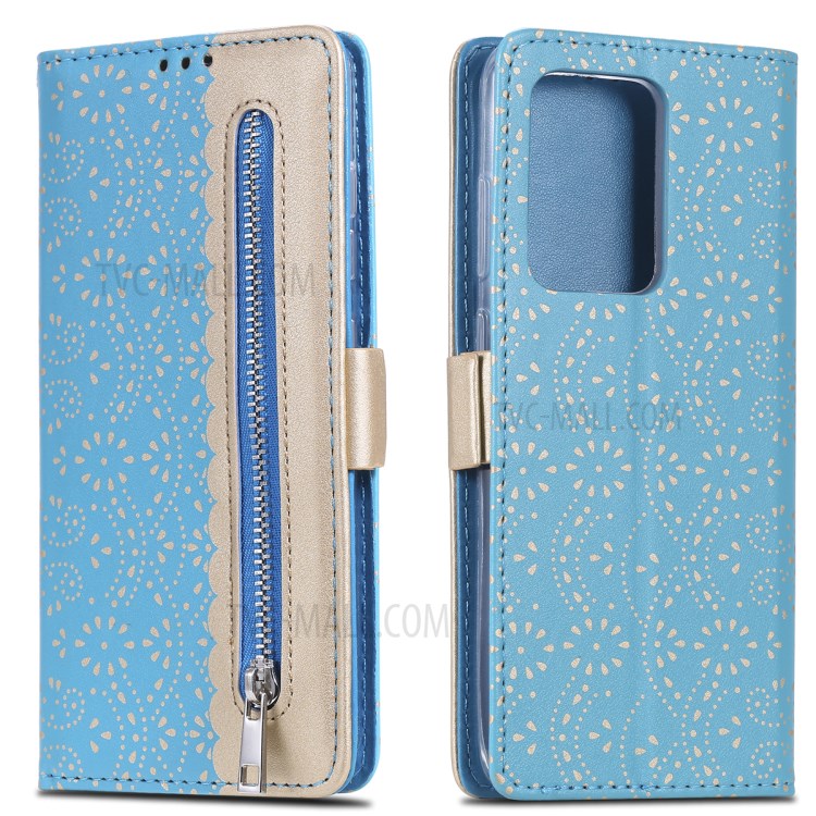 Lace Flower Pattern Zipper Pocket Leather Wallet Phone Cover for Samsung Galaxy S20 Ultra - Blue-1