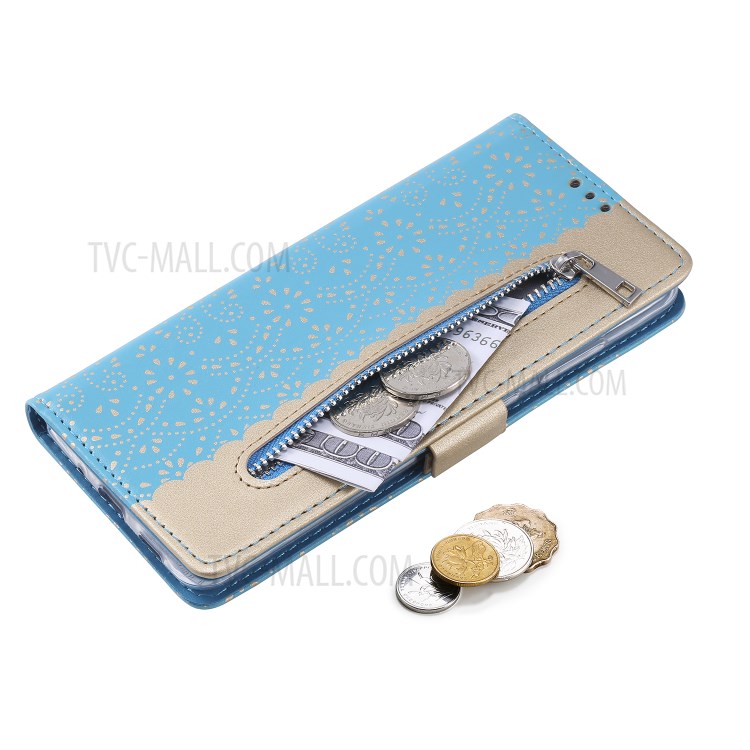 Lace Flower Pattern Zipper Pocket Leather Wallet Phone Cover for Samsung Galaxy S20 Ultra - Blue-10
