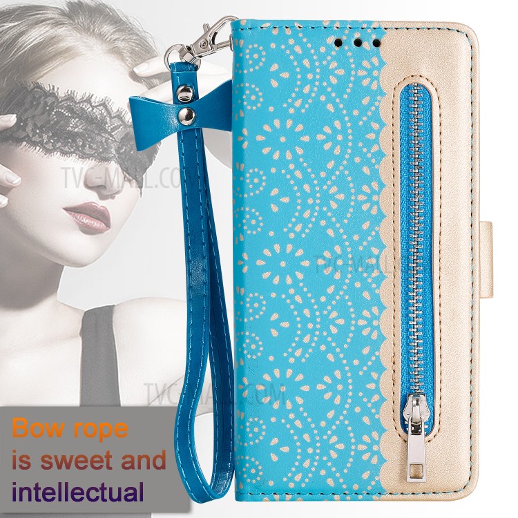 Lace Flower Pattern Zipper Pocket Leather Wallet Phone Cover for Samsung Galaxy S20 Ultra - Blue-11