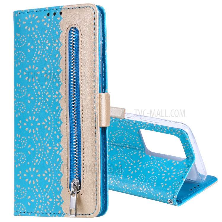 Lace Flower Pattern Zipper Pocket Leather Wallet Phone Cover for Samsung Galaxy S20 Ultra - Blue-2