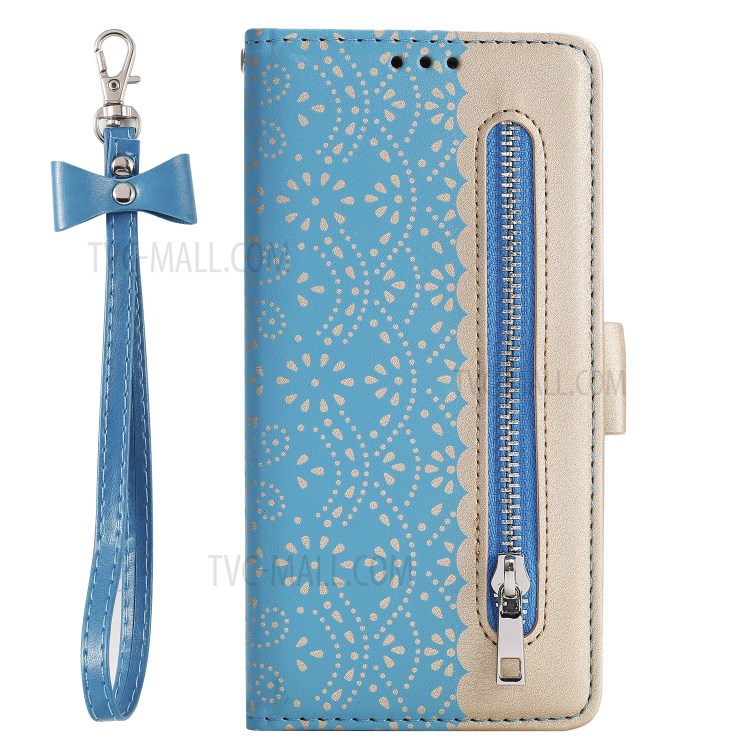 Lace Flower Pattern Zipper Pocket Leather Wallet Phone Cover for Samsung Galaxy S20 Ultra - Blue-3
