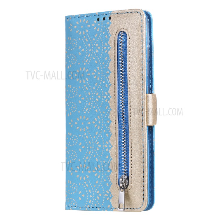 Lace Flower Pattern Zipper Pocket Leather Wallet Phone Cover for Samsung Galaxy S20 Ultra - Blue-5