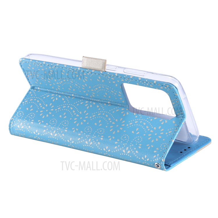 Lace Flower Pattern Zipper Pocket Leather Wallet Phone Cover for Samsung Galaxy S20 Ultra - Blue-8